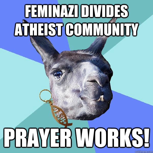 FEMINAZI divides atheist community prayer works!  Christian Mama Llama