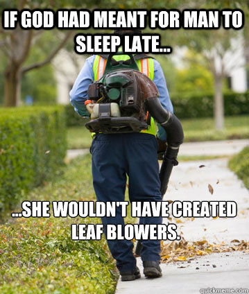 If God had meant for Man to sleep late... ...She wouldn't have created
 leaf blowers.  - If God had meant for Man to sleep late... ...She wouldn't have created
 leaf blowers.   Mexican Leafblower