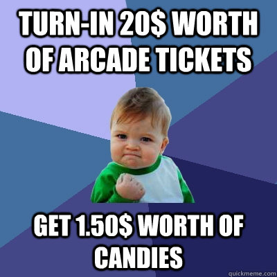 TURN-IN 20$ WORTH OF ARCADE TICKETS GET 1.50$ WORTH OF CANDIES  Success Kid