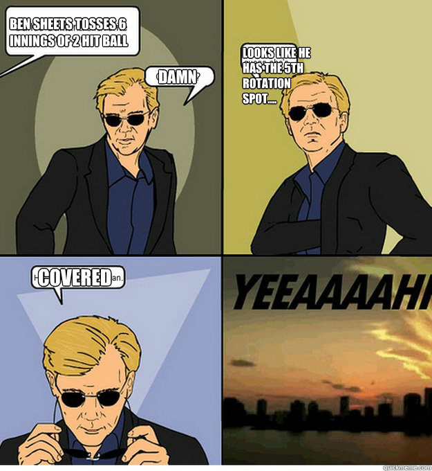 ben sheets tosses 6 innings of 2 hit ball damn looks like he has the 5th rotation spot.... covered  David Caruso CSI