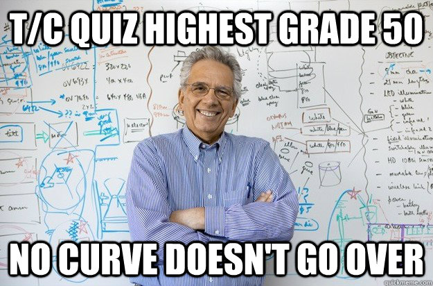 t/c quiz highest grade 50 no curve doesn't go over - t/c quiz highest grade 50 no curve doesn't go over  Engineering Professor