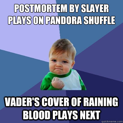 postmortem by slayer plays on pandora shuffle vader's cover of raining blood plays next  Success Kid