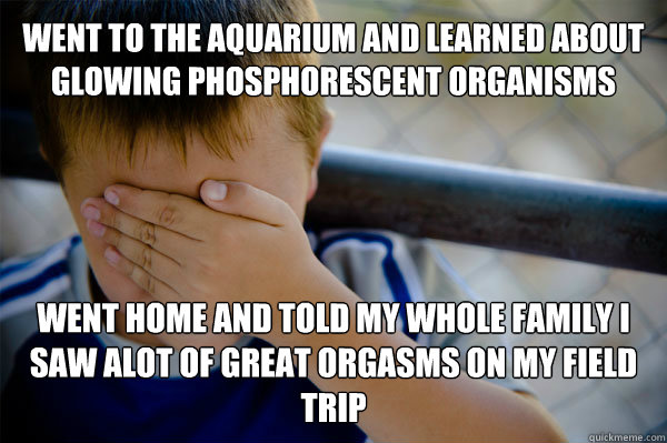 Went to the aquarium and learned about glowing phosphorescent organisms Went home and told my whole family i saw alot of great orgasms on my field trip  Confession kid