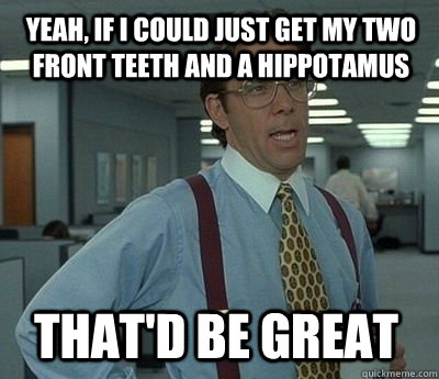 Yeah, if I could just get my two front teeth and a hippotamus That'd be great - Yeah, if I could just get my two front teeth and a hippotamus That'd be great  Bill Lumbergh