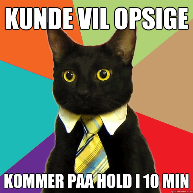 Kunde vil opsige kommer paa hold i 10 min  Business Cat