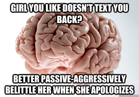 Girl you like doesn't text you back? Better passive-aggressively belittle her when she apologizes    Scumbag Brain