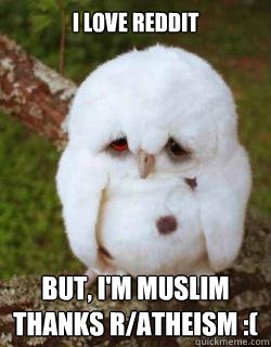 I love reddit but, I'm muslim
thanks r/atheism :( - I love reddit but, I'm muslim
thanks r/atheism :(  Sad Owl