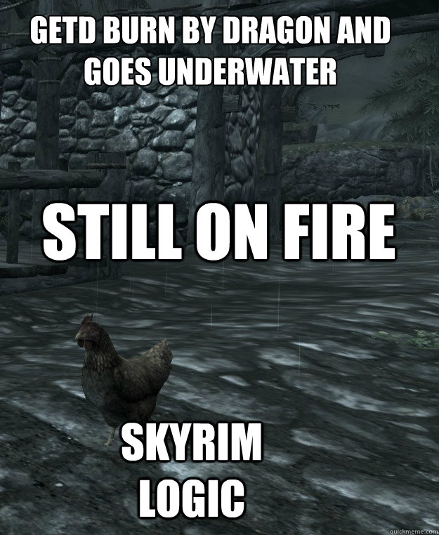 getd burn by dragon and goes underwater


 still on fire Skyrim logic  Skyrim Logic