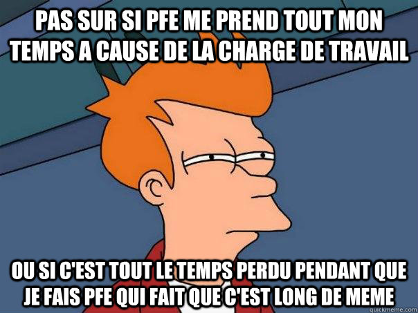 Pas sur si PFE me prend tout mon temps a cause de la charge de travail Ou si c'est tout le temps perdu pendant que je fais PFE qui fait que c'est long de meme  Futurama Fry