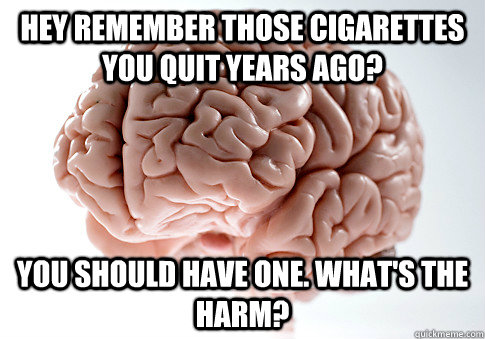 Hey remember those cigarettes you quit years ago? You should have one. What's the harm? - Hey remember those cigarettes you quit years ago? You should have one. What's the harm?  Scumbag Brain