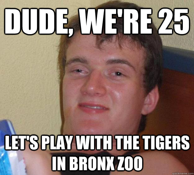 Dude, we're 25 let's play with the tigers in bronx zoo  10 Guy