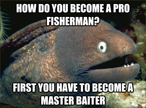 How do you become a Pro fisherman? First you have to become a master baiter  Bad Joke Eel