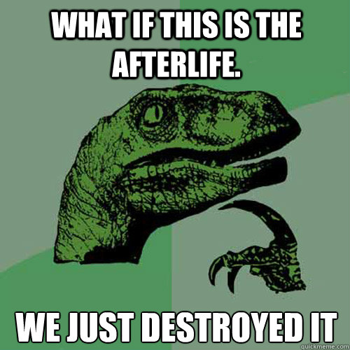 What if this is the afterlife. we just destroyed it
  Philosoraptor