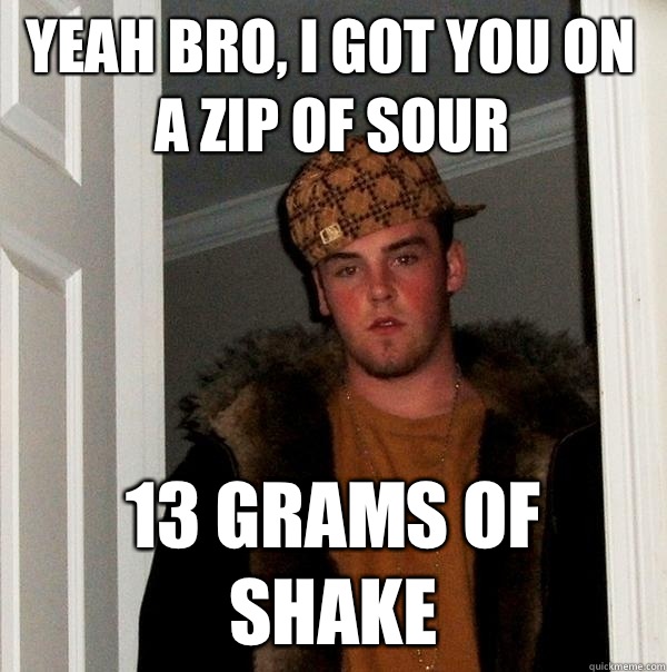 Yeah bro, i got you on a zip of sour 13 grams of shake  Scumbag Steve