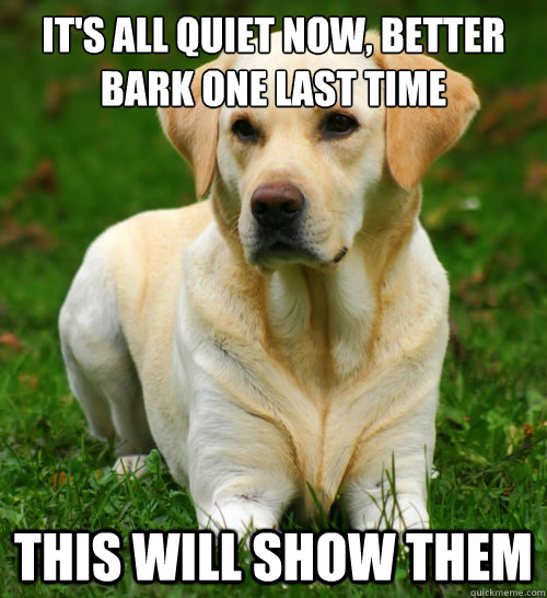 it's all quiet now, better bark one last time This will show them  Dog Logic