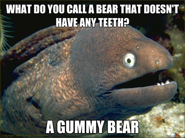 what do you call a bear that doesn't have any teeth? a gummy bear - what do you call a bear that doesn't have any teeth? a gummy bear  Bad Joke Eel