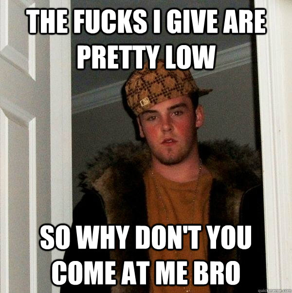 The Fucks i give are pretty low so why don't you come at me bro  Scumbag Steve