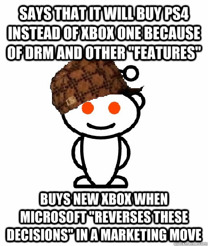 Says that it will buy PS4 instead of XBOX One because of DRM and other 