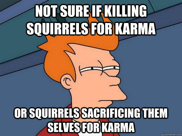 Not sure if killing squirrels for karma or squirrels sacrificing them selves for karma  Futurama Fry