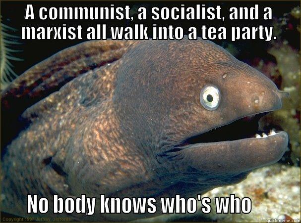 A COMMUNIST, A SOCIALIST, AND A MARXIST ALL WALK INTO A TEA PARTY.    NO BODY KNOWS WHO'S WHO         Bad Joke Eel