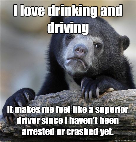 I love drinking and driving It makes me feel like a superior driver since I haven't been arrested or crashed yet.  - I love drinking and driving It makes me feel like a superior driver since I haven't been arrested or crashed yet.   Confession Bear