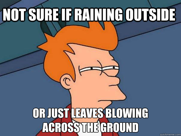 Not sure if raining outside or just leaves blowing
across the ground  Futurama Fry