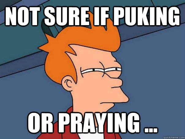 Not sure if puking  Or praying ...  Futurama Fry