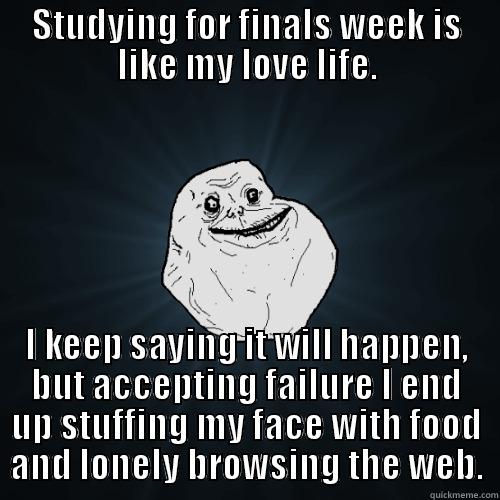 STUDYING FOR FINALS WEEK IS LIKE MY LOVE LIFE. I KEEP SAYING IT WILL HAPPEN, BUT ACCEPTING FAILURE I END UP STUFFING MY FACE WITH FOOD AND LONELY BROWSING THE WEB. Forever Alone