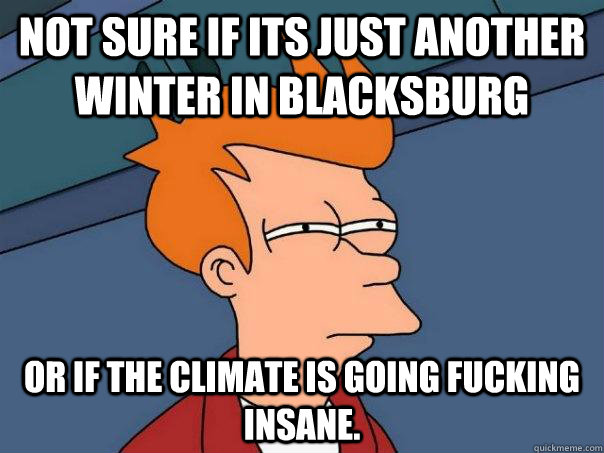 Not sure if its just another winter in Blacksburg Or if the climate is going FUCKING INSANE.  Futurama Fry