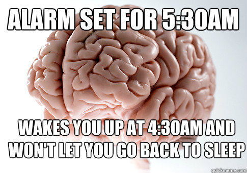 Alarm set for 5:30am wakes you up at 4:30am and won't let you go back to sleep  Scumbag Brain