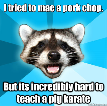 I tried to mae a pork chop. But its incredibly hard to teach a pig karate - I tried to mae a pork chop. But its incredibly hard to teach a pig karate  Lame Pun Coon