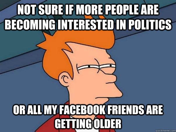 not sure if more people are becoming interested in politics or all my facebook friends are getting older  Futurama Fry