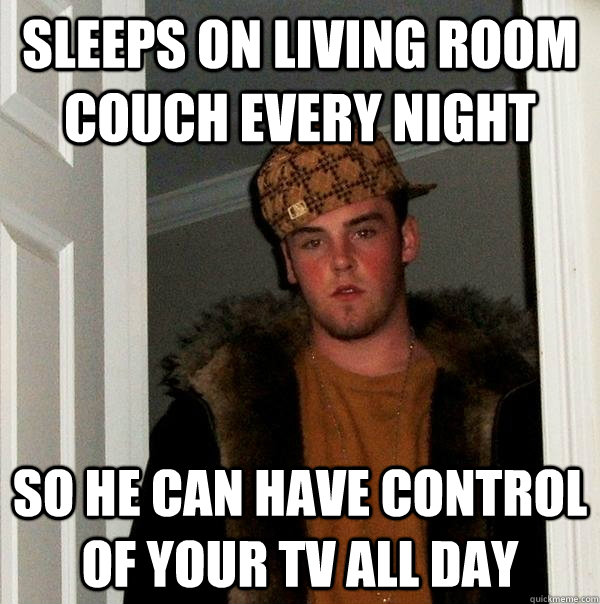 Sleeps on living room couch every night so he can have control of your TV all day - Sleeps on living room couch every night so he can have control of your TV all day  Scumbag Steve