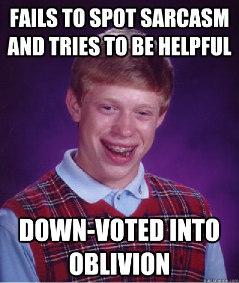 Fails to spot sarcasm and tries to be helpful Down-voted into oblivion  Bad Luck Brian