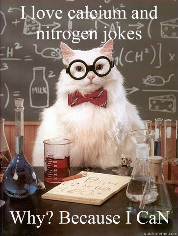 I love calcium and nitrogen jokes Why? Because I CaN  Chemistry Cat