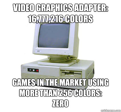 video graphics adapter:
16,777,216 colors games in the market using more than 256 colors:
zero  Your First Computer