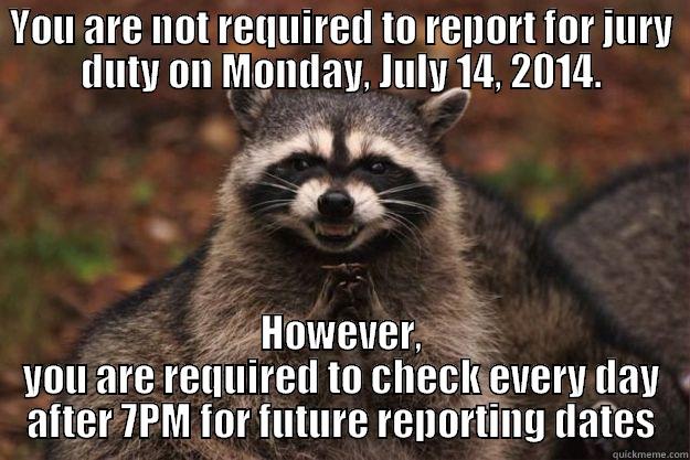 YOU ARE NOT REQUIRED TO REPORT FOR JURY DUTY ON MONDAY, JULY 14, 2014. HOWEVER, YOU ARE REQUIRED TO CHECK EVERY DAY AFTER 7PM FOR FUTURE REPORTING DATES Evil Plotting Raccoon