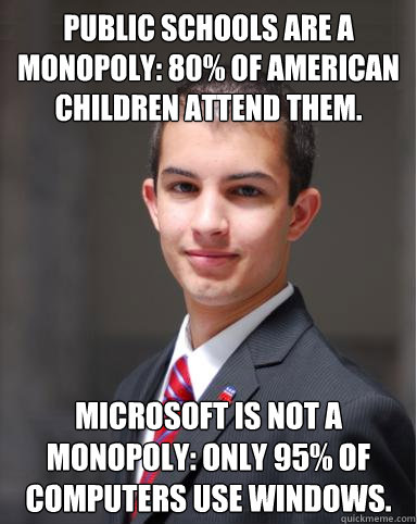 Public schools are a monopoly: 80% of American children attend them. Microsoft is not a monopoly: only 95% of computers use Windows.   College Conservative