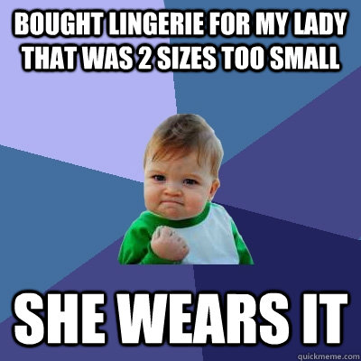 Bought lingerie for my lady that was 2 sizes too small She wears it  Success Kid