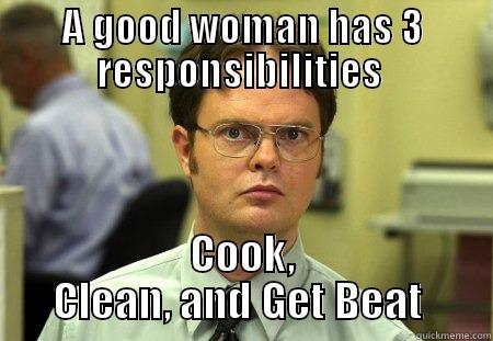 A GOOD WOMAN HAS 3 RESPONSIBILITIES  COOK, CLEAN, AND GET BEAT  Schrute