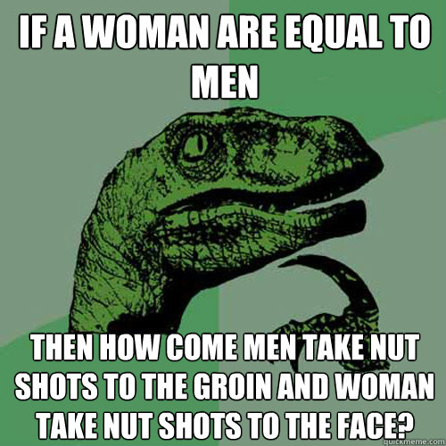 If a woman are equal to men then how come men take nut shots to the groin and woman take nut shots to the face?   Philosoraptor