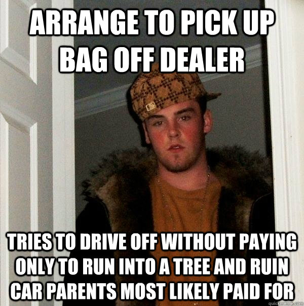 Arrange to pick up bag off dealer tries to drive off without paying only to run into a tree and ruin car parents most likely paid for  Scumbag Steve