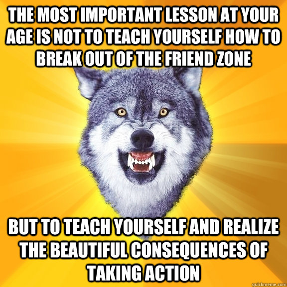 the most important lesson at your age is not to teach yourself how to break out of the friend zone  but to teach yourself and realize the beautiful consequences of taking action  Courage Wolf