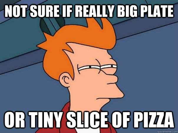 Not sure if really big plate Or tiny slice of pizza  Futurama Fry