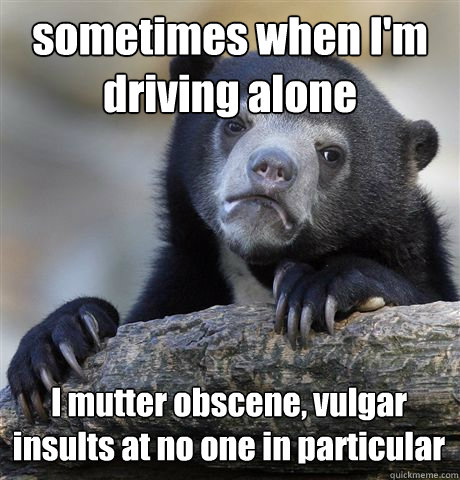 sometimes when I'm driving alone I mutter obscene, vulgar insults at no one in particular - sometimes when I'm driving alone I mutter obscene, vulgar insults at no one in particular  Confession Bear