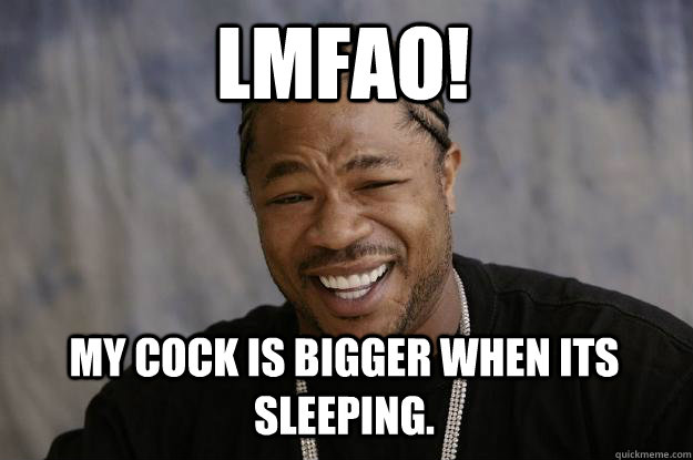 lmfao! my cock is bigger when its sleeping.  Xzibit meme