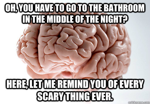 Oh, you have to go to the bathroom in the middle of the night? Here, let me remind you of every scary thing ever. - Oh, you have to go to the bathroom in the middle of the night? Here, let me remind you of every scary thing ever.  Scumbag Brain