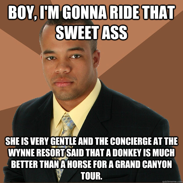 Boy, I'm gonna ride that sweet ass She is very gentle and the concierge at the Wynne Resort said that a donkey is much better than a horse for a Grand Canyon tour.  Successful Black Man