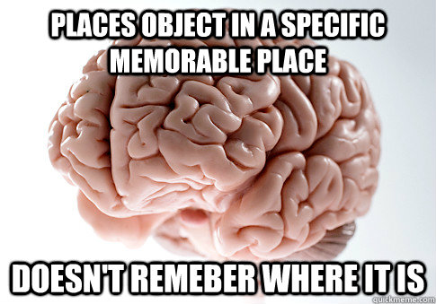 places object in a specific memorable place doesn't remeber where it is  Scumbag Brain