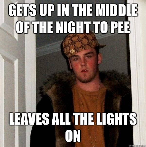 Gets up in the middle of the night to pee Leaves all the lights on  Scumbag Steve